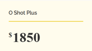 O Shot Plus price tag showing $1850 on a pale background with a thin yellow divider.